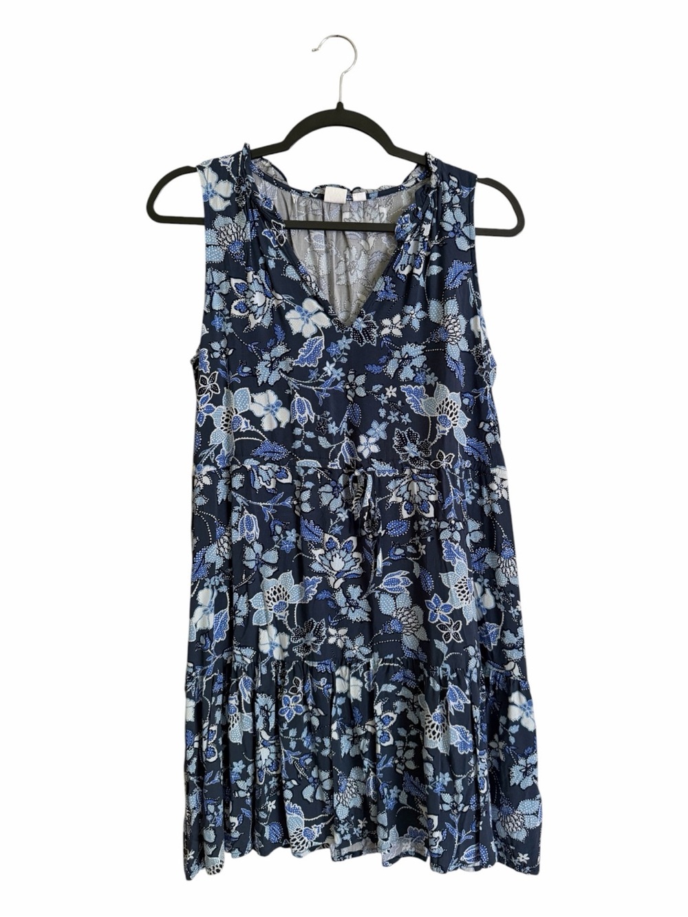 GAP Navy and Light Blue Floral Split Neck Tiered Dress